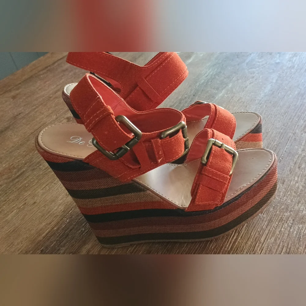 De Blossom Collection Orange Suede Wedge Sandals